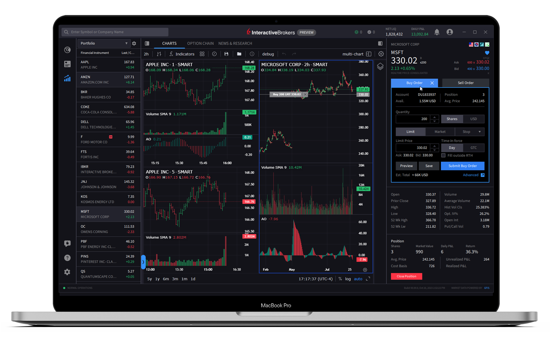 Interface da plataforma IBKR Desktop em um notebook